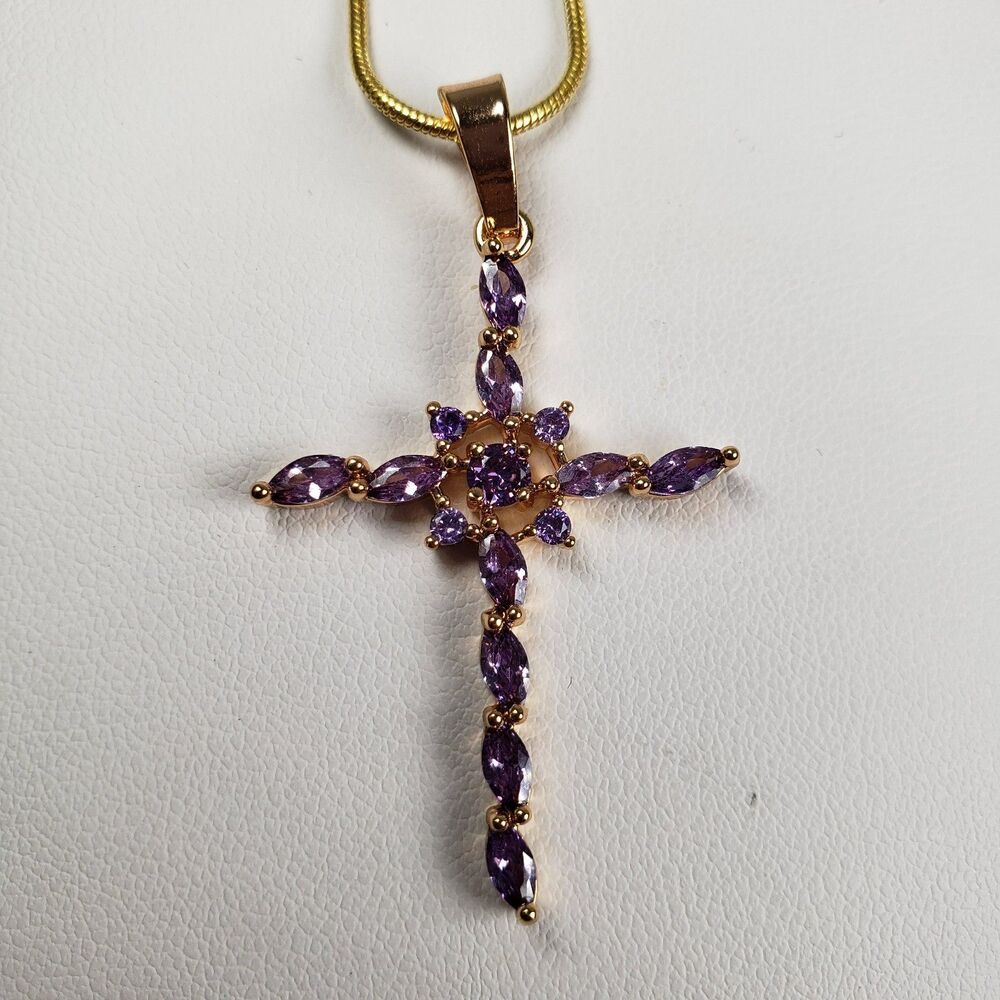 18 kt Gold Filled Hollow Amethyst Lite Purple Crystal Cross with 19" Chain